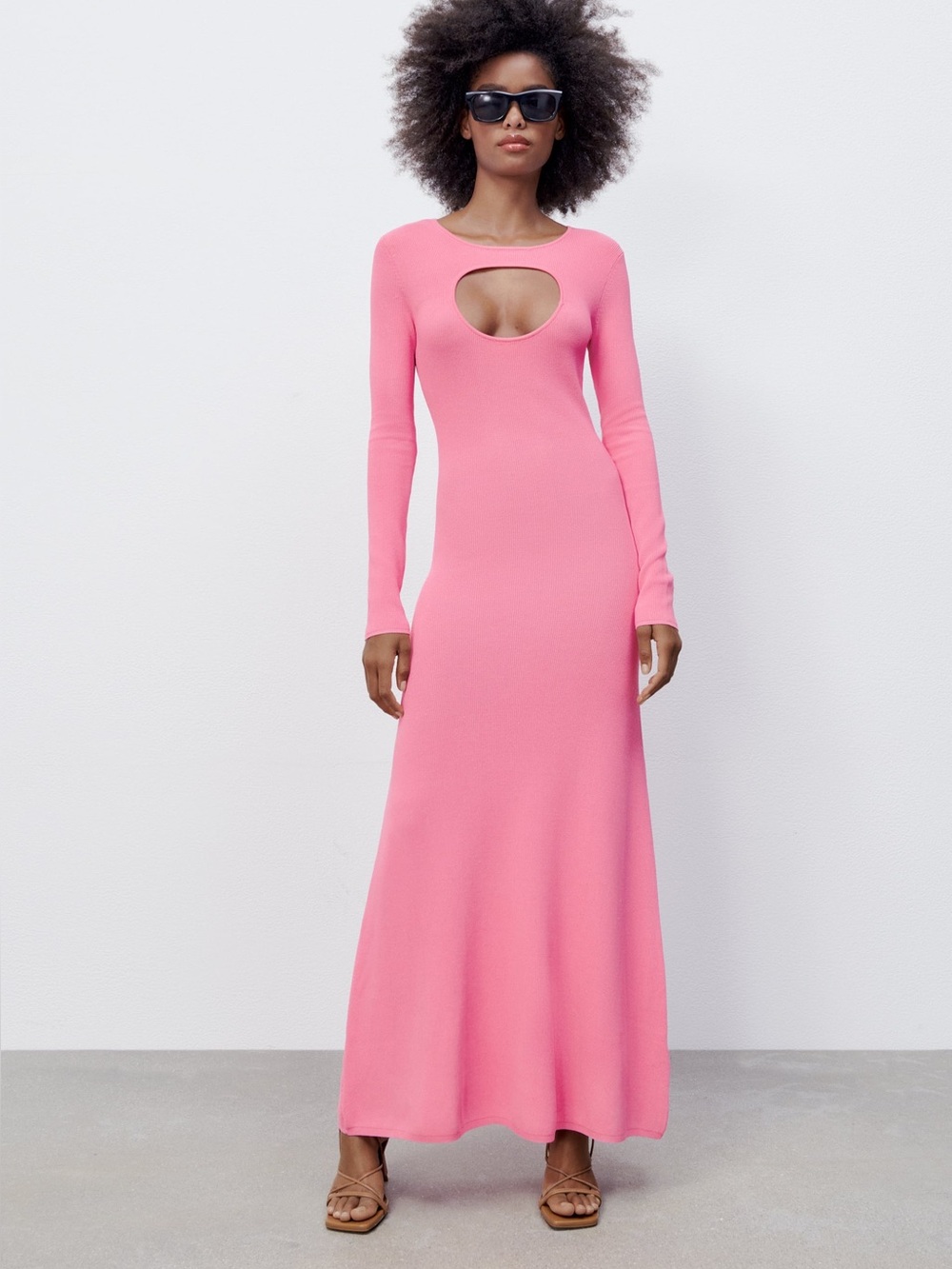 Zara Pink Ribbed Long-Sleeve Cutout Dress